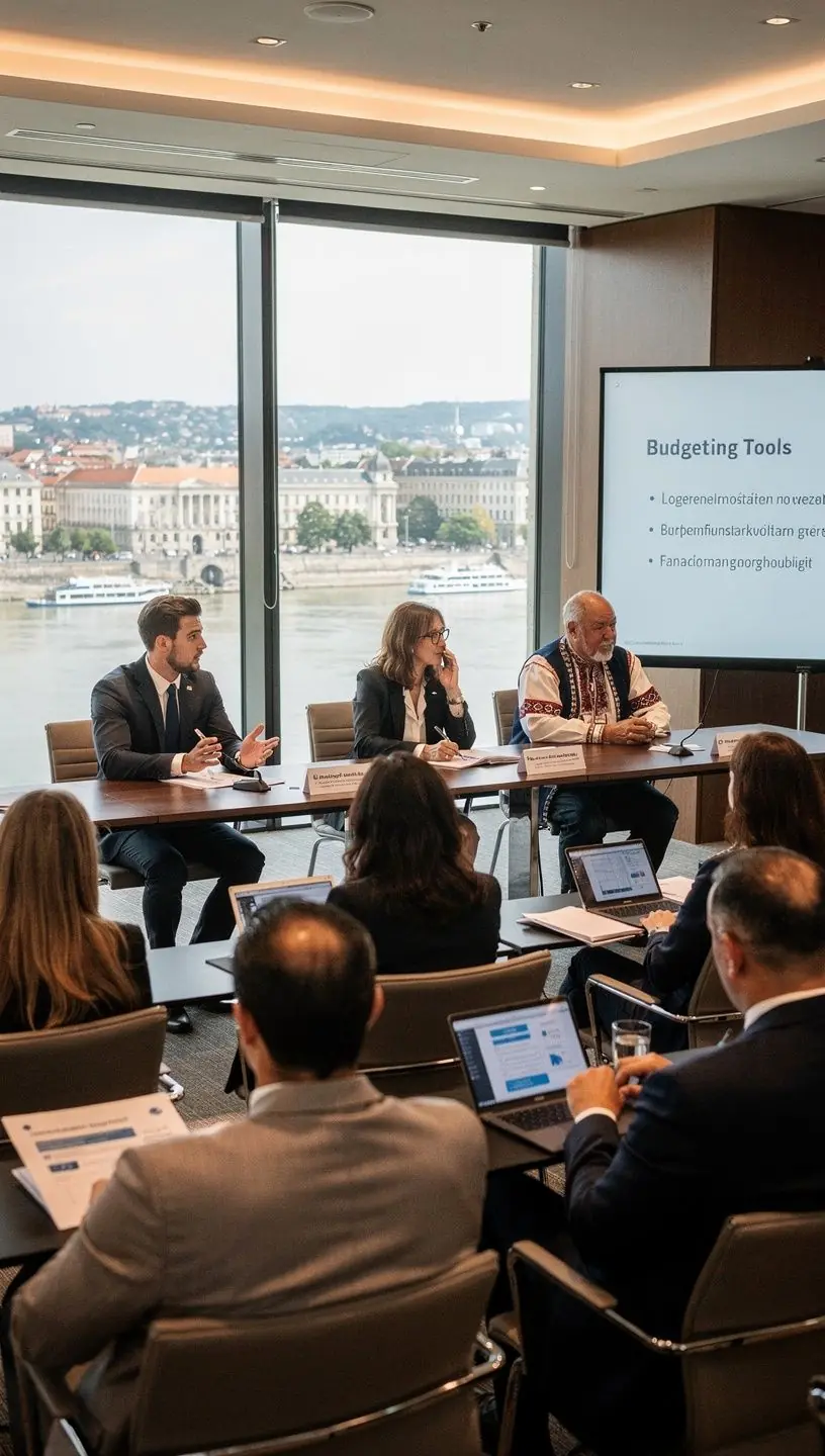Kávézóban ülő emberek, akik pénzügyekről beszélgetnek, laptopokkal és könyvekkel.